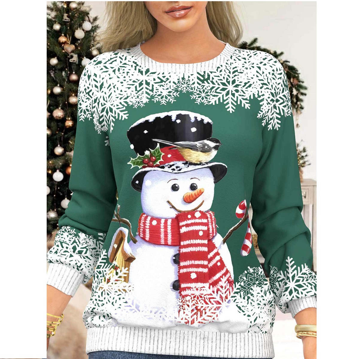 thumbnail image 2 of Traje de calle para mujer jersey de manga larga con hombros caídos estampado de muñeco de nieve de gran tamaño, 2 of 2