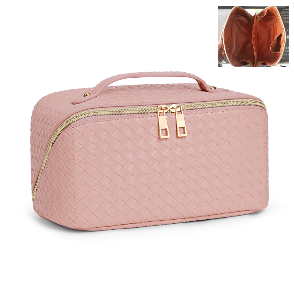 thumbnail image 2 of Bolsa de cosméticos tejida de PU bolsa organizadora de artículos de tocador impermeable para viajes de verano femeninos, 2 of 3
